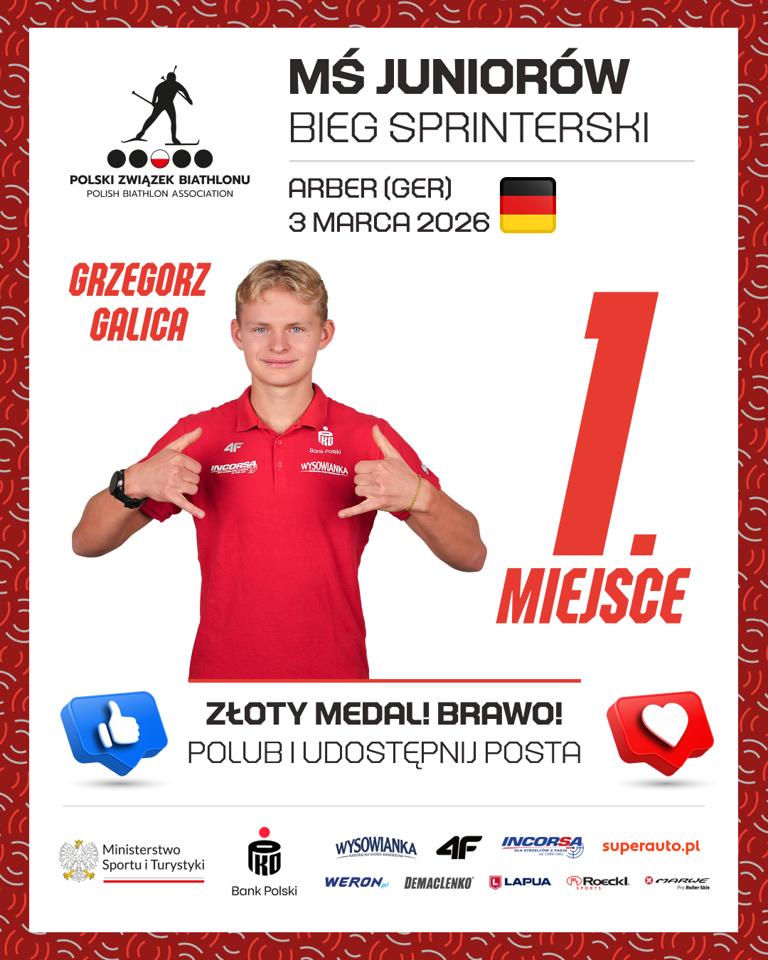 Grafika social media Polskiego Związku Biathlonu — Sukces Mistrzostwa Świata Juniorów